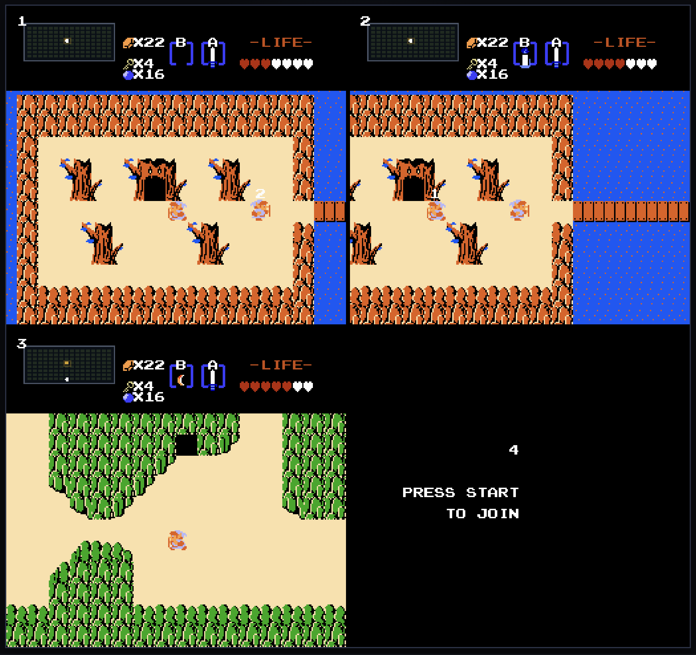 Four-player split-screen: one seat in a dungeon, one on the overworld, two waiting to join